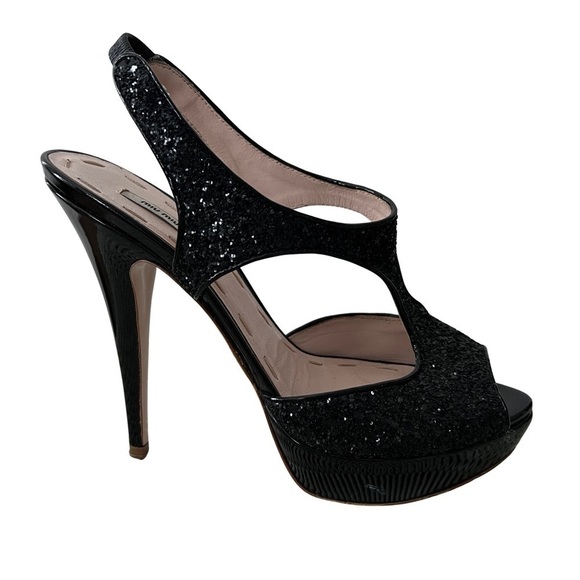 Miu Miu Black Sparkly Glittery Leather Platforms Size 8 - Picture 3 of 11